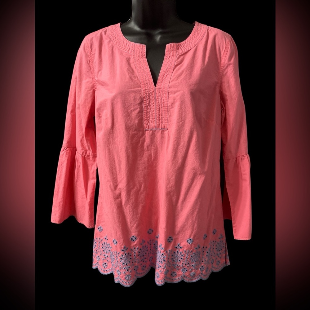 Talbots Women's Tunic Top Pink Baby Blue Eyelet Poplin Embroidery Bell Sleeve SM